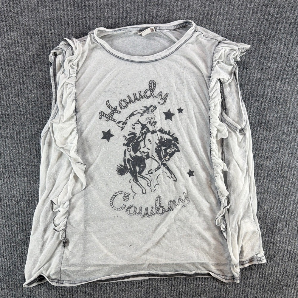 Ariat Womens Howdy Cowboy Graphic Ruffle Sleeveless Tee Gray‎ XL